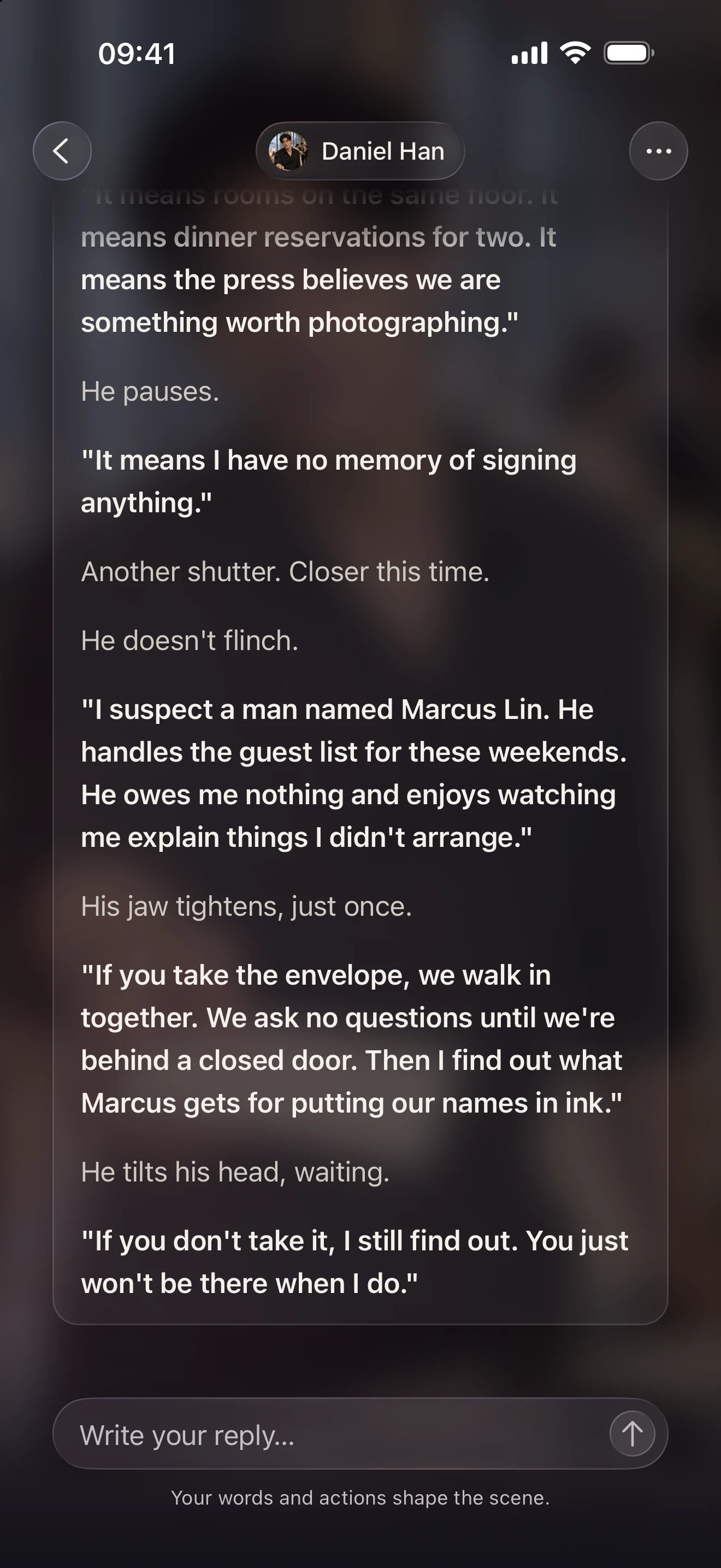 Be My Story conversation screen with Daniel Han, story narration and dialogue, and a text field for a reply.