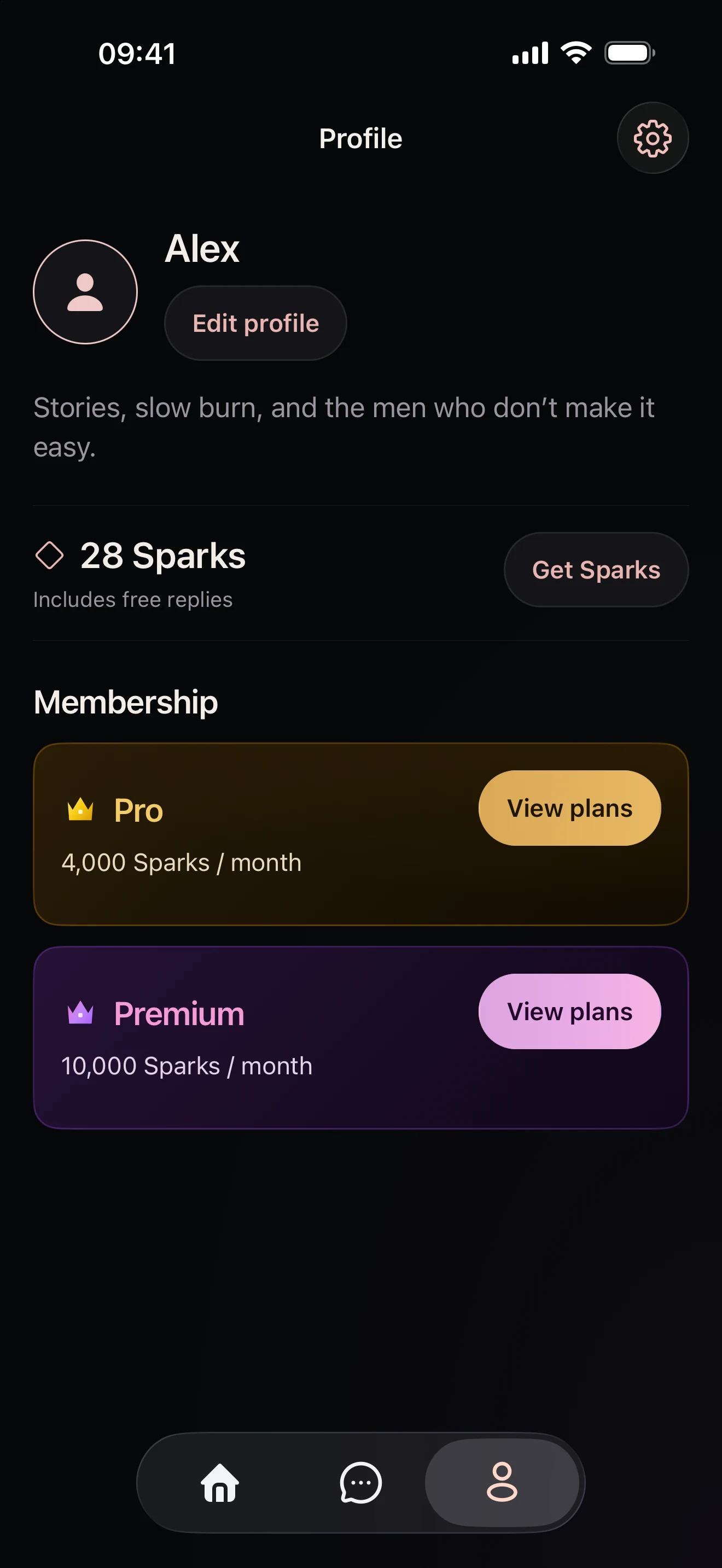 Be My Story Profile screen with account details, a Sparks balance, and Pro and Premium membership cards.