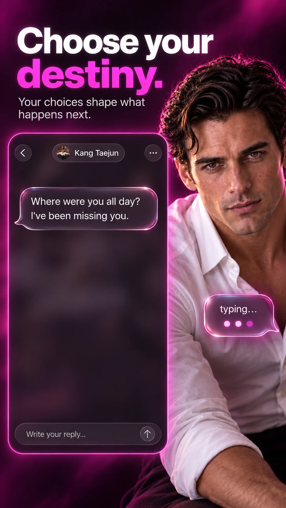 Campaign poster reading “Choose your destiny. Your choices shape what happens next” with a character portrait and a stylized chat panel.