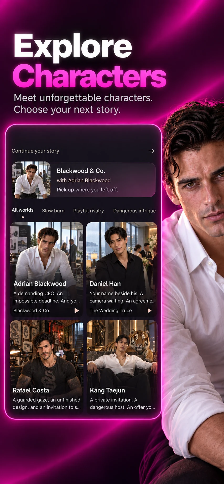 Promotional poster reading “Explore Characters,” with a featured portrait and story-card artwork.