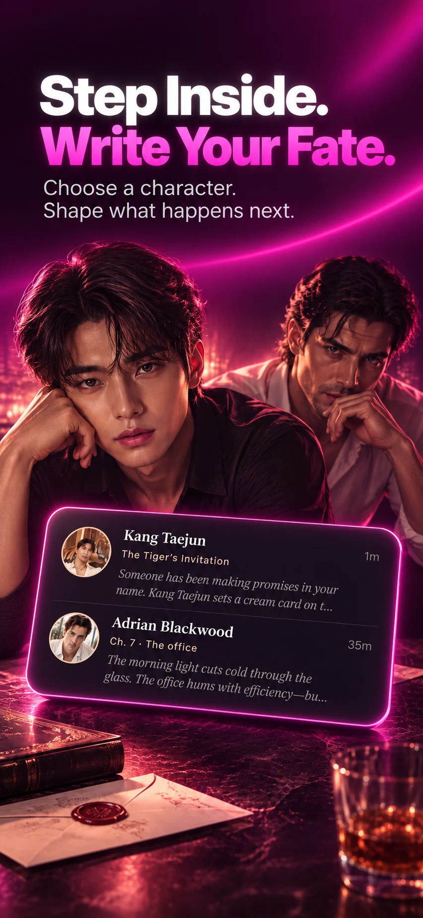 Campaign poster reading “Step Inside. Write Your Fate.” with two character portraits and a stylized story-choice panel.